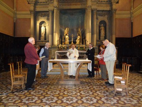 Fr Ken Boland SSS celebrates mass for a group of Australian pilgrims, Adoration Chapel, Grenoble.